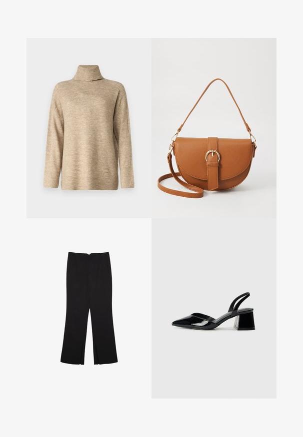 Vero Moda VMJUPITER HIGHNECK - Vesta - silver mink; Crne hlače ravnog kroja, s prednjim džepovima i bočnim prorezima na rubu. Izrađene od mekog i glatkog materijala. Pogodne za razne prigode.; Crne lakirane kožne sandale s otvorenom petom i špicastim vrhom, s geometrijskom blok petom. Imaju elegantan, minimalistički dizajn i glatku teksturu.; Smeđa kožna torba preko tijela s zakrivljenim oblikom, zlatnim metalnim detaljima i naglaskom na kopču. Ima odvojivu naramenicu.