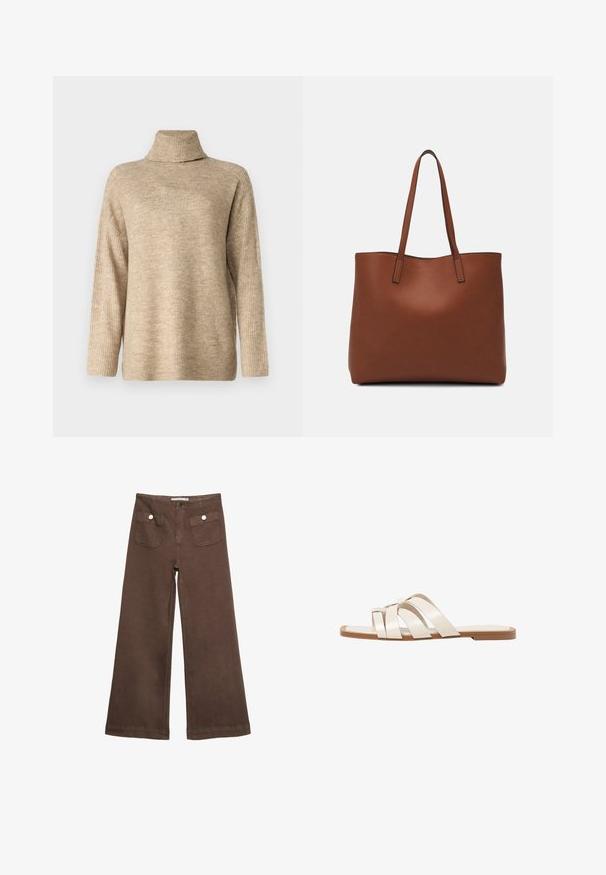 Vero Moda VMJUPITER HIGHNECK - Trui - silver mink; Bruine wijde broek van katoen, met twee voorzakken met zilveren knopen en een gladde textuur.; Vlakke sandalen met een tan rubberen zool, ontworpen met drie overlappende witte leren banden en een kleine strikdetail in het midden.; Bruine leren tote bag met een gladde textuur, een ontwerp met een open bovenkant en twee schouderbanden. Kenmerkt zich door minimale stiksels en geen zichtbare hardware.