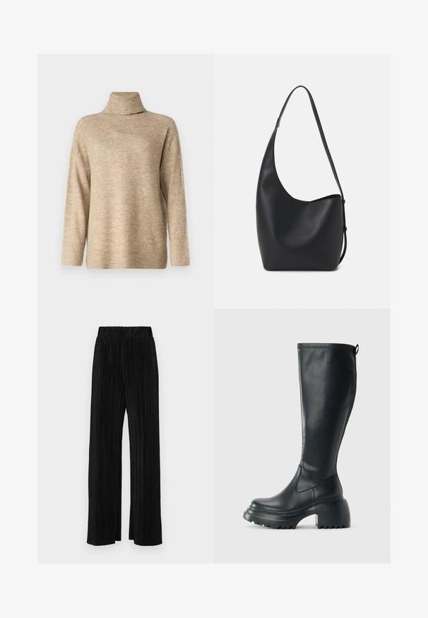 Vero Moda VMJUPITER HIGHNECK - Pulover - silver mink; Pantaloni negri plisati cu talie elastică. Prezintă picioare largi și un material neted, texturat, cu dungi verticale.; Cizme lungi din piele neagră cu talpă platformă masivă și tocul pătrat, având un tab de tragere și un model texturat pe talpa exterioară.; Geantă hobo din piele neagră, cu o textură netedă, formă curbată și un singur bretele ajustabil; are o deschidere largă în partea de sus.