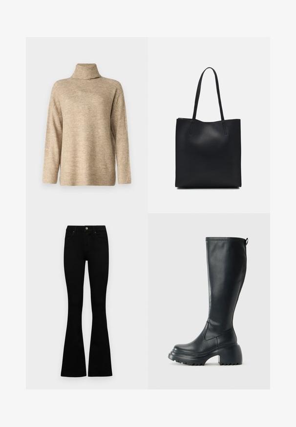 Vero Moda VMJUPITER HIGHNECK - Džemperis - silver mink; Melni augsta jostas šorti ar pogu un rāvējslēdzēju, priekšējām kabatām un izplestām kājām, nolikti uz balta fona.; Augstas melnas ādas zābakus ar masīvu platformu un bloka papēdi, ar vilkšanas cilpu un strukturētu profilu uz ārējā zoles.; Melnas ādas somiņa ar gludu tekstūru, taisnstūra formu un divām garām rokturiem. Nav redzamu aparatūras vai rotājumu.