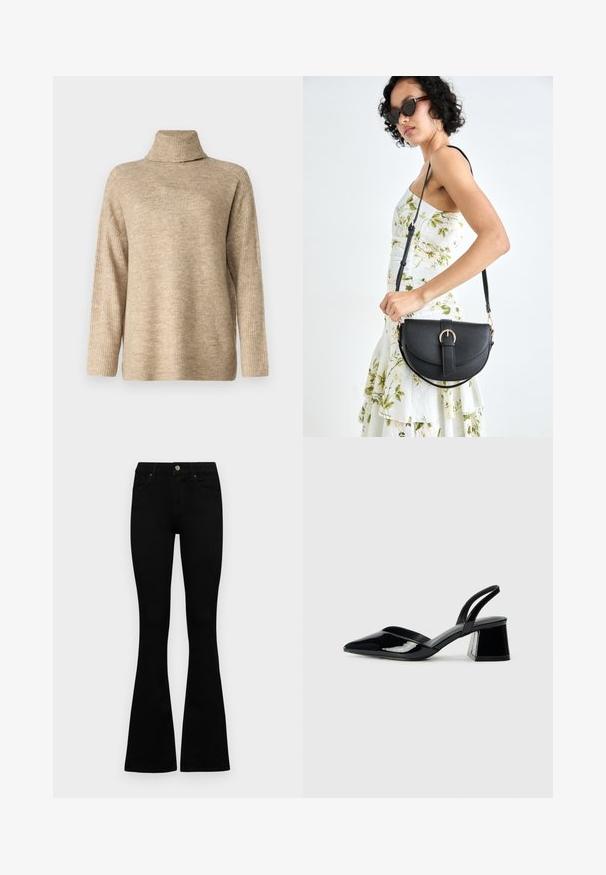 Vero Moda VMJUPITER HIGHNECK - Pullover - silver mink; Jean noir taille haute avec fermeture à bouton et à zip, poches avant et jambes évasées, posés à plat sur un fond blanc.; Escarpins en cuir verni noir avec bout pointu et talon bloc géométrique. Présente un design élégant et minimaliste ainsi qu'une texture lisse.; Sac à main en cuir noir avec une forme courbée, bandoulière amovible et des accessoires en or. Le sac est doté d'un rabat avec un détail de boucle.