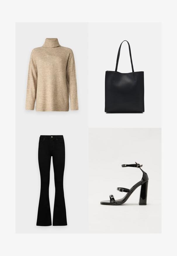 Vero Moda VMJUPITER HIGHNECK - Strickpullover - silver mink; Schwarze hochtaillierte Jeans mit einem Knopf- und Reißverschluss, Fronttaschen und ausgestellten Beinen, flach auf einem weißen Hintergrund ausgelegt.; Schwarze patentierte Sandalen mit Absatz, quadratischer Spitze, Knöchelriemen und silbernen Schnallen. Mit einem stabilen Blockabsatz für mehr Stabilität.; Schwarze Laptoptasche aus Leder mit glatter Textur, rechteckiger Form und zwei langen Griffen. Keine sichtbaren Beschläge oder Verzierungen.