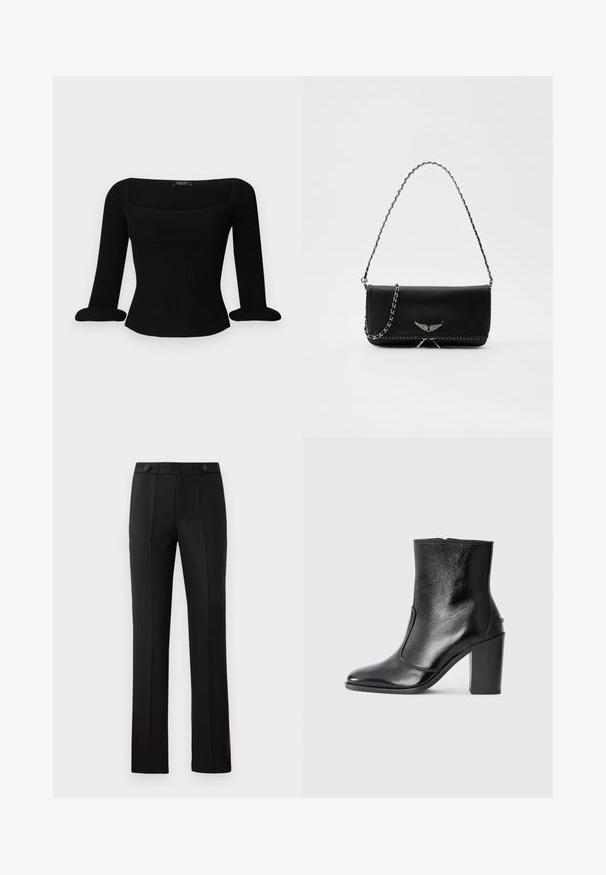 Melnas ribotu piedurkņu kreklas ar kvadrātveida dekoltē un sarullētām piedurknēm. Audumam ir gluda tekstūra un pieguloša siluets.; Melnas pielāgotas bikses ar taisnu kāju, divām priekšējām kabatām, pogu aizdari un liekumu detaļām priekšpusē. Gluda auduma tekstūra.; Melnas ādas potīšu zābaki ar gludu tekstūru, smailu purngalu un masīlu augstu papēdi. Iekļauts sānu atvērums un minimālistisks dizains.; Melnas ādas rokassomā ar sudraba ķēdes siksnu, kurai ir dekoratīvi spārnu akcenti un baltā šuvēšana apakšējā šuvē.