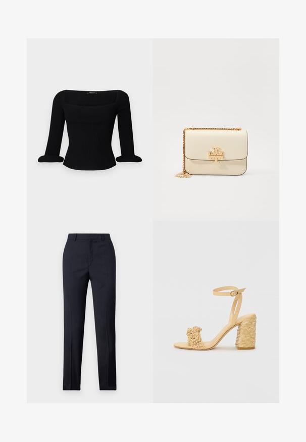 Haut à manches longues noir à côtes avec un décolleté carré et des poignets roulés. Le tissu a une texture lisse et une silhouette ajustée.; Pantalons ajustés bleu marine avec une coupe droite, présentant une texture lisse, deux poches avant et une taille épurée.; Sandale à talons hauts beige avec une texture tressée, ornée d'une fleur décorative et d'une bride à la cheville. Le talon carré ajoute de la stabilité.; Sac en cuir crème porté croisé avec une bandoulière en chaîne dorée, arborant un accent de logo doré sur le devant et des lignes lisses et épurées.