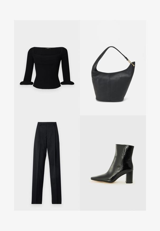 Black ribbed long-sleeve top with a square neckline and rolled cuffs. The fabric has a smooth texture and fitted silhouette.; Black trousers made from smooth fabric featuring a high waist, wide legs, front pleats, and classic belt loops. No side pockets visible.; Black ankle boot made of glossy leather with a pointed toe and a chunky, square heel. Features a smooth texture and minimalistic design.; Black leather handbag with a rounded shape, a wide strap, and a textured finish. Features a subtle seam detail and a gold-tone hardware accent.