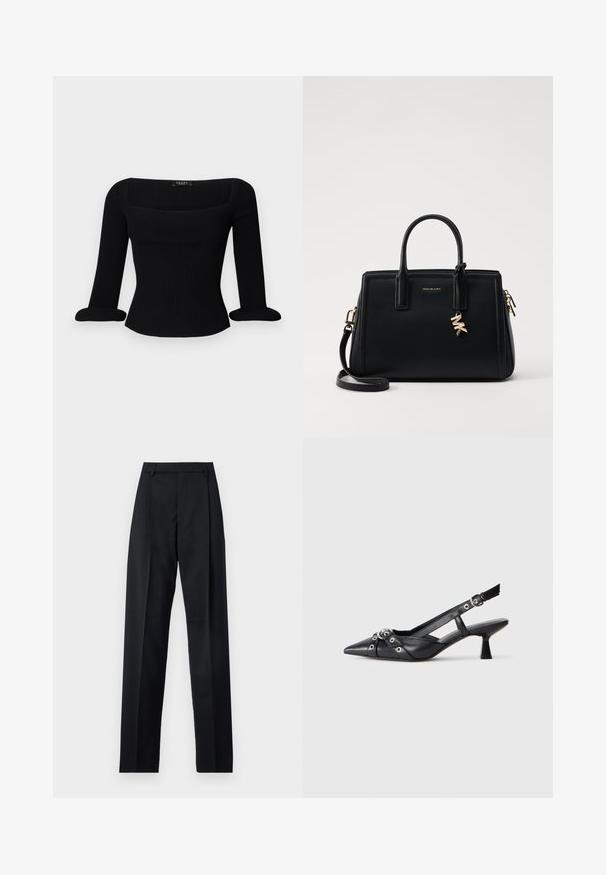 Haut à manches longues noir à côtes avec un décolleté carré et des poignets roulés. Le tissu a une texture lisse et une silhouette ajustée.; Pantalon noir en tissu lisse avec taille haute, jambes larges, plis à l'avant et passants de ceinture classiques. Pas de poches latérales visibles.; Chaussure slingback en cuir noir avec un bout pointu, des sangles décoratives avec œillets en métal et un petit talon carré. Surface texturée.; Sac à main en cuir noir avec un design structuré, deux poignées supérieures, une bandoulière amovible, des accessoires en or et un pendentif avec le logo.