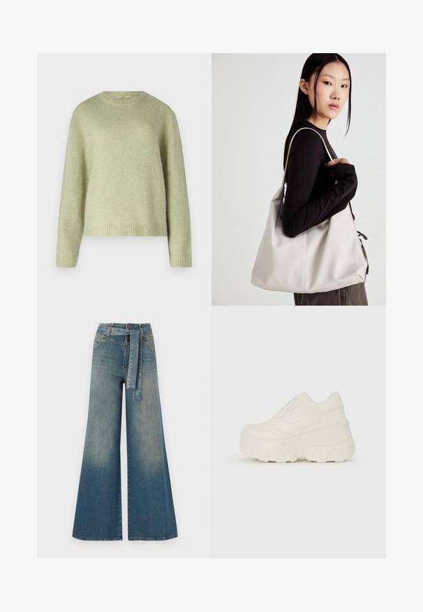 Gina Tricot CREW NECK - Jersey de punto - desert sage; Pantalones de mezclilla de pierna ancha con un degradado de azul claro a oscuro, cintura alta, trabillas para cinturón y un cinturón de tela a juego. Acabado de mezclilla texturizada.; Zapatillas de plataforma blancas con un upper suave similar al cuero, forma redondeada, cuello acolchado y suela de goma texturizada con surcos definidos.; Bolso de mano beige hecho de material suave, con un diseño holgado, detalles cosidos y dos asas. Adecuado para uso diario.