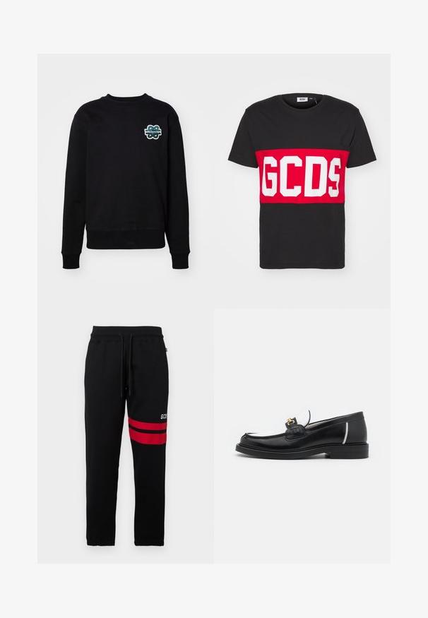 Černá mikina s kulatým výstřihem, dlouhými rukávy a texturovaným vyšitým logem v zelené a bílé na hrudi. Měkká látka.; GCDS BAND LOGO REGULAR - Triko s potiskem - black; Černé tepláky s kontrastními červenými pruhy a logem po straně. Obsahují elastický pas se šňůrkou a zúžené nohavice u kotníků.; Černé kožené mokasíny s kulatou špičkou, bílými akcenty a zlatými detaily na nártu. Mají strukturovanou nášivku a vrstvený podpatek.
