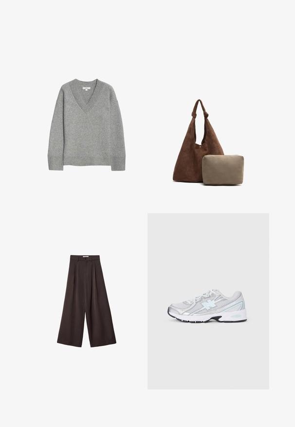 Grauer gerippter Pullover mit V-Ausschnitt, langen Ärmeln und geradem Saum. Hergestellt aus weichem Material, mit subtiler Textur und Details.; Kariertes Flanellhemd in Marineblau, Creme und Beige. Mit Kragen, Knopfleiste, langen Ärmeln und einer Brusttasche. Weicher Stoff.; Schwarze, weit geschnittene Hose mit hoher Taille, ausgestattet mit vorderen Falten und einem Knopfverschluss an der Taille, aus glattem Stoff gefertigt.; Weiße und silberne Sportschuhe mit einem hellblauen "N"-Logo, Mesh-Schichten und weißen Schnürsenkeln auf einem hellgrauen Hintergrund.; Braune Wildleder-Umhängetasche mit einem geknoteten Trageriemen, die ein kleines beige Reißverschlusstäschchen enthält. Die Tasche hat eine weiche Textur und ein einfaches Design.