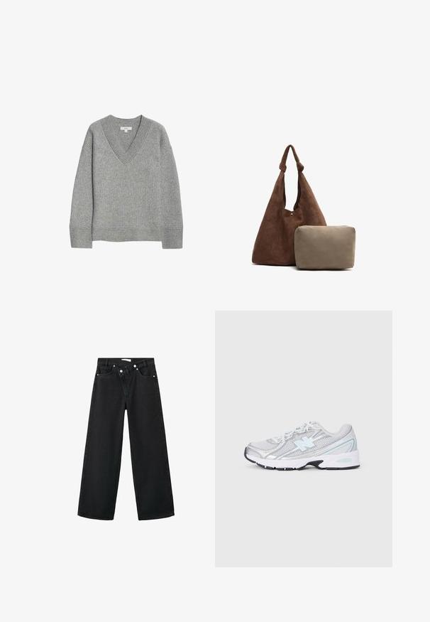 Grauer gerippter Pullover mit V-Ausschnitt, langen Ärmeln und geradem Saum. Hergestellt aus weichem Material, mit subtiler Textur und Details.; Kariertes Flanellhemd in Marineblau, Creme und Beige. Mit Kragen, Knopfleiste, langen Ärmeln und einer Brusttasche. Weicher Stoff.; Hochtaillierte schwarze Denim-Jeans im weiten Bein-Design, im Fünf-Taschen-Stil, mit silberner Metallbeschläge vorne zum Schließen.; Weiße und silberne Sportschuhe mit einem hellblauen "N"-Logo, Mesh-Schichten und weißen Schnürsenkeln auf einem hellgrauen Hintergrund.; Braune Wildleder-Umhängetasche mit einem geknoteten Trageriemen, die ein kleines beige Reißverschlusstäschchen enthält. Die Tasche hat eine weiche Textur und ein einfaches Design.