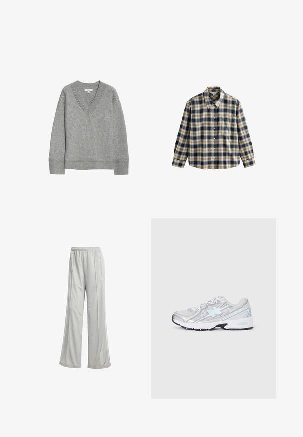 Grauer gerippter Pullover mit V-Ausschnitt, langen Ärmeln und geradem Saum. Hergestellt aus weichem Material, mit subtiler Textur und Details.; Kariertes Flanellhemd in Marineblau, Creme und Beige. Mit Kragen, Knopfleiste, langen Ärmeln und einer Brusttasche. Weicher Stoff.; Hellgraue Sporthose mit lockerer Passform, hergestellt aus glattem, synthetischem Material. Verfügt über einen elastischen Bund und seitliche Reißverschlusstaschen.; Weiße und silberne Sportschuhe mit einem hellblauen "N"-Logo, Mesh-Schichten und weißen Schnürsenkeln auf einem hellgrauen Hintergrund.