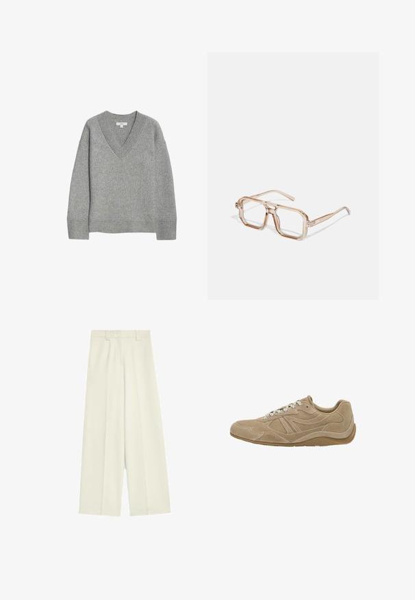 Pull gris à côtes avec un col en V, manches longues et ourlet droit. Fabriqué en matériau doux, avec une texture et des détails subtils.; Pantalons larges en tissu blanc cassé, présentant une texture lisse, des plis avant et une coupe droite de la taille à l'ourlet.; Baskets en suède beige avec un profil bas, une surface texturée et des lacets blancs. Présente un design courbé et une semelle en caoutchouc pour une meilleure adhérence.; Lunettes hexagonales transparentes avec des teintes marron clair ; monture épaisse et claire avec des branches fines ; aucune logo ou motif visible.; Foulard en soie carré de couleur beige clair avec un motif géométrique comportant des « BOSS » et des étiquettes de prix répétées en blanc. Les bords sont soigneusement finis.; Sac à main en cuir tan avec des poignées doubles et une bandoulière amovible. Il présente un fermoir doré et une surface texturée.