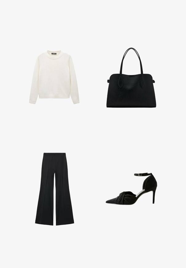 Witte trui van zachte stof, met een klassieke ronde hals, lange mouwen en geribde manchetten en zoom. Geen patronen of accenten zichtbaar.; Zwarte wijde-pijpen broek met een gladde textuur, gekenmerkt door voorplooien en een op maat gemaakte uitstraling. De stof is lichtgewicht en vloeiend.; Zwarte suède hoge hak met een spitse neus, geknoopte detail aan de voorkant, enkelbandje en een dunne stilettohak.; Zwarte leren handtas met dubbele schouderriemen, rechthoekige vorm en minimalistisch ontwerp op een witte achtergrond.