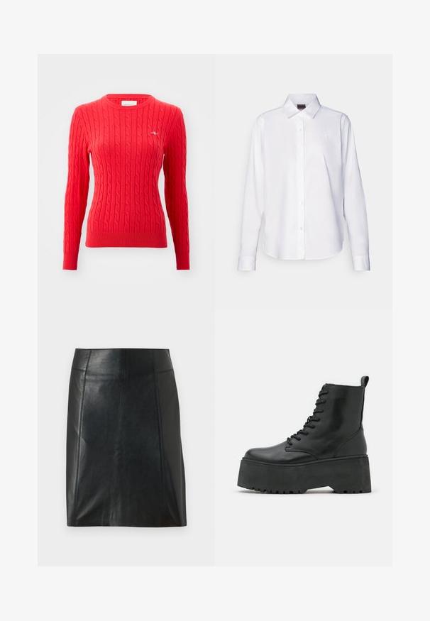 Červený svetr s kabelovým pletením, dlouhými rukávy, žebrovanými manžetami a lemem, kulatým výstřihem a malým logem na hrudi. Měkká textura.; Bílé košile s dlouhými rukávy, zapínání na knoflíky, vyrobené z bavlny. Má klasický límec a diskrétní vyšívané logo na hrudi. Hladká textura.; Černá kožená sukně s přiléhavým střihem. Hladký povrch, švy zvýrazňující tvar a rovný lem. Minimalistický a elegantní vzhled.; Černé kotníkové boty s robustní platformou, vyrobené z hladké kůže, se šněrovacími prvky a poutkem na zadní straně.