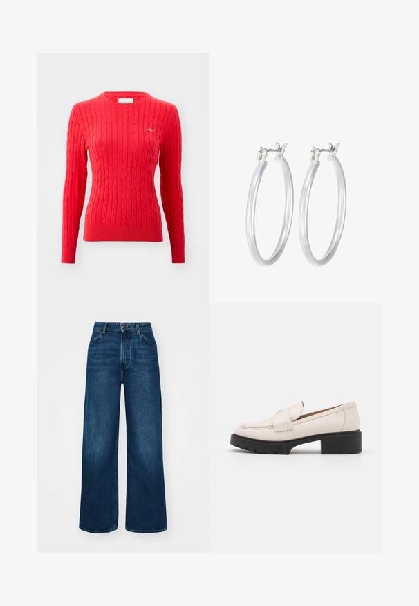 Pull en maille rouge avec des manches longues, des bords-côtes aux poignets et à l'ourlet, un col rond, et un petit logo sur la poitrine. Texture douce.; Jeans taille haute et à jambes larges en denim bleu foncé avec une texture lisse, des coutures contrastantes et un design à cinq poches. Fermeture à bouton à l'avant.; Mocassins en cuir beige clair avec un devant cousu et un talon platform texturé noir. Présente un design incurvé et une légère élévation.; Boucles d'oreilles en argent avec une finition lisse et polie. Forme ronde et fermeture à clip sécurisée. Design léger adapté pour un port quotidien.