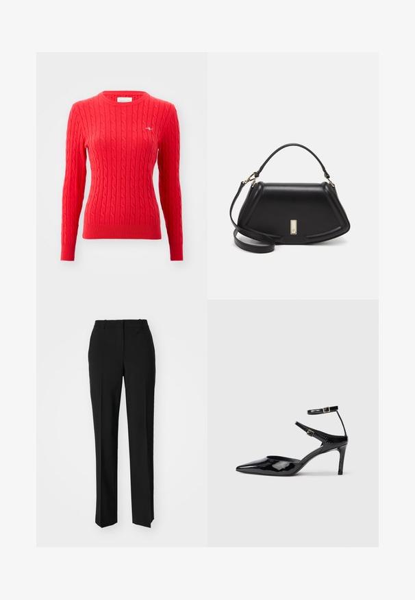 Red cable-knit sweater with long sleeves, ribbed cuffs and hem, round neckline, and a small logo detail on the chest. Soft texture.; Black tailored trousers with a straight-leg design, featuring a smooth texture and crisp creases along the front. No visible hardware.; Black patent leather heels with a pointed toe, adjustable ankle straps, and a slender heel. Smooth texture with a shiny finish.; Black leather handbag with a structured design, featuring a cropped shape, top handle, and gold hardware accent. Adjustable shoulder strap included.