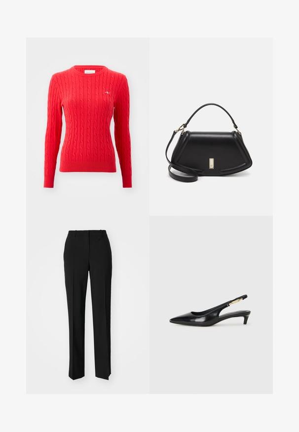 Piros kötött pulóver hosszú ujjakkal, bordázott mandzsettával és aljjal, kerek nyakkivágással, és egy kis logóval a mellrészen. Puha tapintású.; Fekete, testhezálló nadrág egyenes szárú kivitelben, sima textúrával és éles redőkkel az elején. Nincs látható fémalkatrész.; Fekete bőr slingback magassarkúk, hegyes orral, vékony sarkakkal és arany színű részlettel a állítható pánton. Simа felület.; Fekete bőr kézitáska, strukturált dizájnnal, rövidített formával, felső fogantyúval és arany színű kiegészítőkkel. Állítható vállpánt is tartozik hozzá.