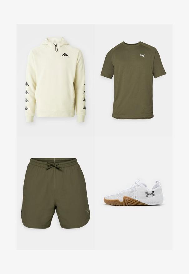 Krem majica Kappa s kapuljačom, prednjim džepom, crnim logotipom na prsima i više logotipa duž obje rukave, s podešavanjem kapuljače.; Maslinasto zelena majica s kratkim rukavima, napravljena od glatkog materijala, ima zaobljen izrez i bijeli logo na lijevoj strani prsnog koša.; Maslinasto zeleni atletski šortsevi od lagane tkanine, s elastičnom strukom s vezicom i malim logotipom sa strane.; Bijele atletske tenisice s gornjim dijelom od mrežice, gumenim potplatom u boji gume, teksturiranim akcentima i crnim logotipom sa strane.