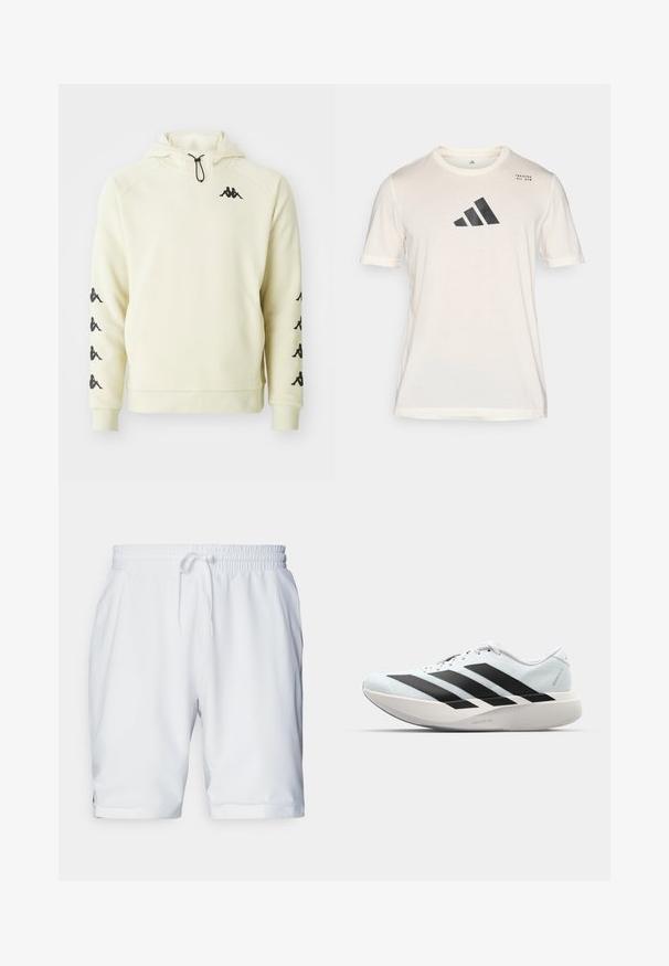 Crèmekleurige Kappa hoodie met een voorzak, zwart logo op de borst en meerdere logo's langs beide mouwen, met een verstelbare capuchontouw.; adidas Performance Sport T-shirt - chalk white; Witte sportieve shorts met een elastische tailleband en verstelbare trekkoord. Glad materiaal met een subtiele textuur, voorzien van zijzakken.; Lichte hardloopschoenen in lichtblauw met zwarte strepen. Beschikt over een soepele bovenkant, ronde neusstuk en dikke witte tussenzool met het label "LIGHTSTRIKE PRO."
