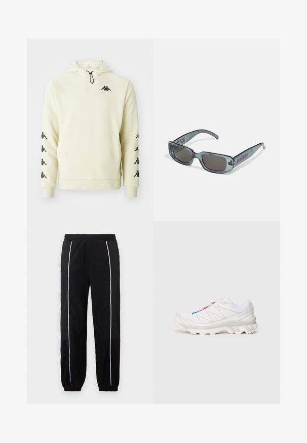 Kreemika värvi Kappa kapuutsiga sviiter, millel on ees tasku, must logo rinnal ja mitu logo mõlemal varrukal, reguleeritava kapuutsi nööriga.; Mustad mustad püksid valgete külje triipudega, elastne vöökoht ja sääreotsad. Valmistatud pehmest, tekstureeritud kangast mugavuse ja paindlikkuse tagamiseks.; Valge sportlik jalanõud tekstureeritud võrgupealisega, peegeldavate detailidega ja pehme tallaga. Märkimisväärne brändi logo küljel.; Santa Cruz INFERNO UNISEX - Päikeseprillid - crystal black
