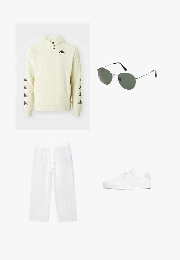 Felpa Kappa di colore crema con tasca frontale, logo nero sul petto e più loghi lungo entrambe le maniche, con cordino regolabile per il cappuccio.; Pantaloni cropped bianchi in lino con vita elasticizzata, coulisse e due tasche laterali. Texture morbida e design leggero per il massimo comfort.; Sneaker bianco con tomaia in pelle liscia, punta rotonda, suola piatta e design minimalista. Presenta un branding sottile e un accento beige sul tallone.; Occhiali da sole con montatura in metallo e lenti verdi ovali. Montatura sottile in metallo argento e terminali neri. Design minimalista, senza loghi visibili.