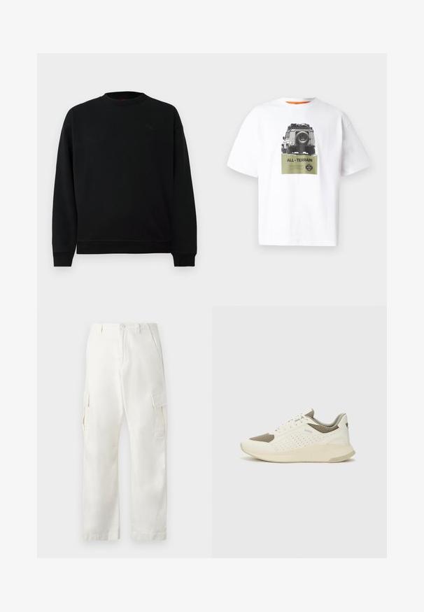 Sweatshirt preto feito de tecido macio, com decote redondo, punhos canelados e um pequeno emblema no peito. Design simples e sem ornamentação.; T-shirt de algodão branco com um gráfico de um veículo e o texto "ALL-TERRAIN" em verde, com um design em preto e branco. Gola interior laranja.; Calças de carga brancas feitas de algodão, com um design de perna reta, dois bolsos laterais e dois bolsos de carga nas coxas.; Sapatilha atlética branca e bege claro, com parte superior em malha, detalhes perfurados e uma entressola texturizada com marcação no calcanhar.