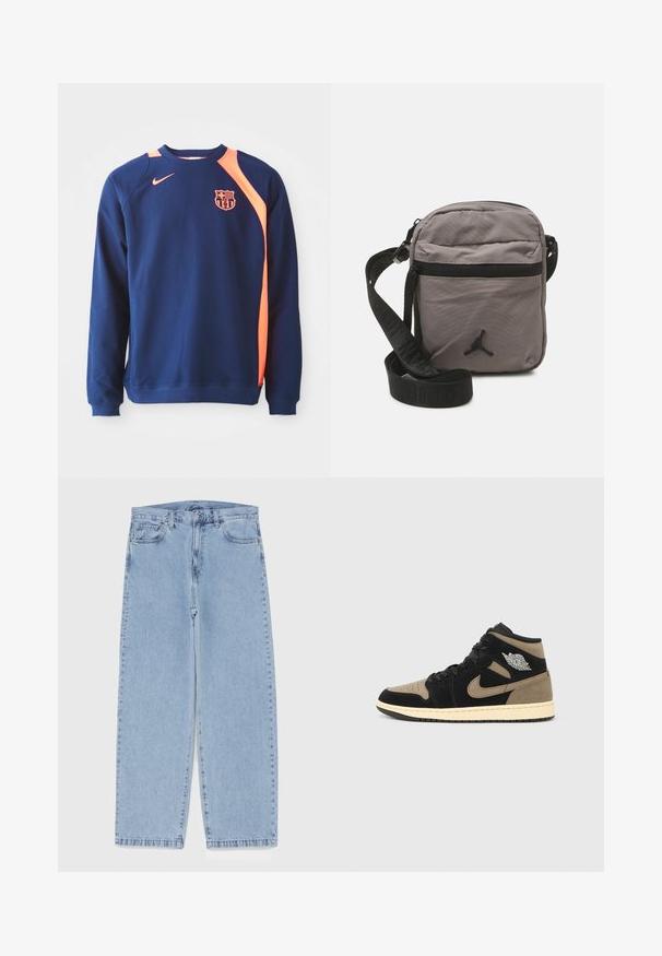 Laivastonsininen collegepaita pitkillä hihoilla, jossa on oranssit yksityiskohdat hartioilla ja kaula-aukossa. Paidassa on seuran logo rinnassa.; Vaaleansiniset farkut suoran lahkeen muotoilulla, joissa on puolivälin vyötärö, viisi taskua sekä nappi- ja vetoketjusuljenta.; Nilkkapituiset tennarit, joissa mustaa ja luonnonsävyistä mokkaa, rei'itetty varvasosa, beige välipohja, mustat nauhat ja hopeanvärinen logo sivussa.; Harmaa nailoninen olkalaukku, jossa on vetoketjullinen etutasku, säädettävä musta hihna ja musta logokoriste edessä. Kompaktin ja kevyen muotoilun omaava.; Laivastonsininen reppu, jossa on punaisia korosteita, useita vetoketjullisia osastoja, logo-patchit ja säädettävät hihnat. Valmistettu kestävästä kankaasta.