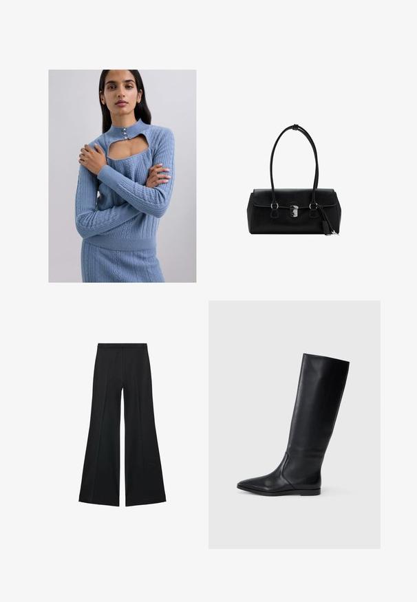 Ljusblå stickad tröja med hög krage, som har en rektangulär utskärning och tre dekorativa knappar. Texturerad kabelstickad design.; Svarta vida byxor med en slät textur, med framfickor och skräddarsydd design. Tyget är lätt och flödande.; Svarta läderknähöga stövlar med spetsig tå och minimalistisk design. Slät yta och platt sula, med diskreta sömmar på sidan.; Svart läderhandväska med slät textur, strukturerad design, dubbla handtag och en silverfärgad låsdetalj i mitten.