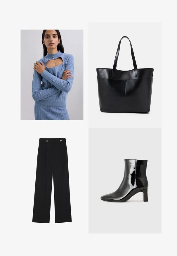 Lichtblauwe gebreide trui met een hoge kraag, featuring een rechthoekige uitsnede en drie decoratieve knopen. Getextureerd kabelbrei ontwerp.; Zwarte wijde broek met hoge taille, knoopdetails op de tailleband en plooien aan de voorkant.; Zwarte gepolijste leren enkellaars met een spitse neus en een blokhak van gemiddelde hoogte. Glad textuur en minimalistisch ontwerp.; Zwarte leren tote bag met twee lange handvatten, een zachte textuur en een gestructureerde vorm. Voorzien van een voorvak voor extra opslagruimte.