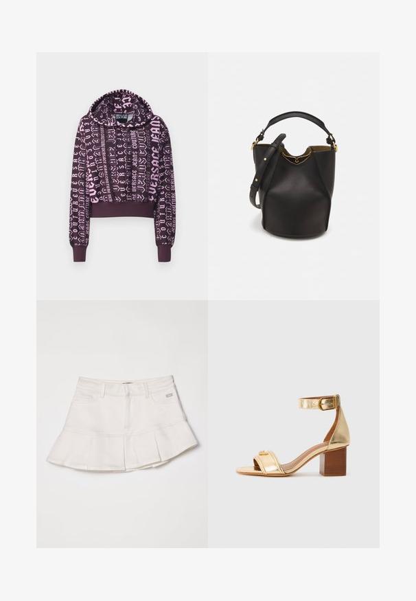 Hanorac scurt mov cu grafica din text roz, având glugă, mâneci lungi și manșete și tiv cu model răsucit.; Fustă din denim alb, cu talie ajustată și un tiv evazat plisat. Include buzunare frontale și un detaliu mic cu logo pe talie.; Sandale cu toc metalic aurie, cu o curea lată peste degete, curea pentru gleznă cu cataramă și toc pătrat. Textură netedă, detalii minime.; Geantă din piele neagră în stil bucket, cu un finisaj texturat, accente din metal auriu și un compartiment deschis. Dispune de o mânere scurtă și un curea de umăr ajustabilă.