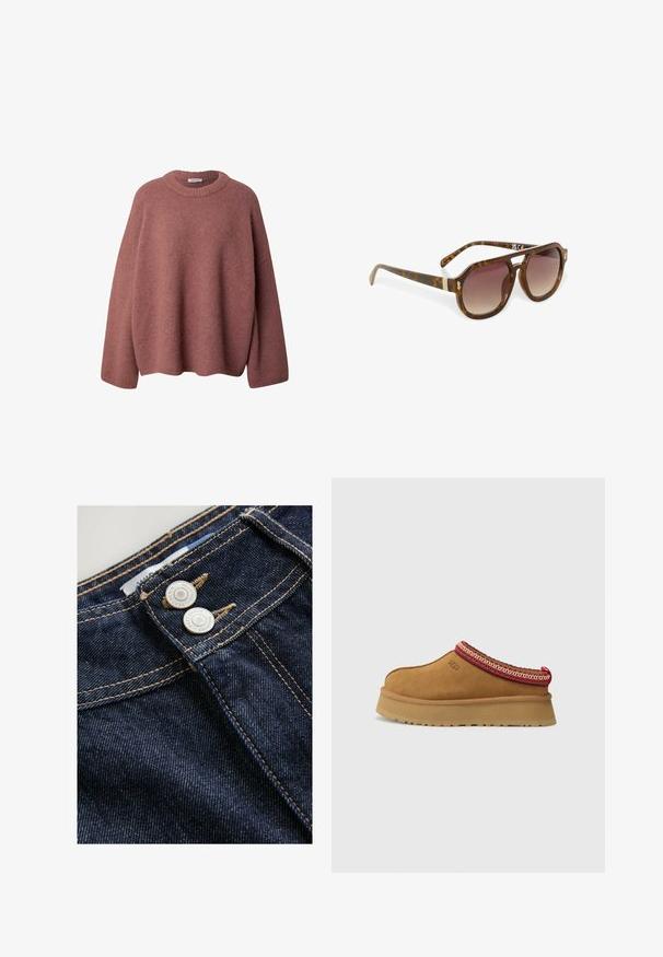 EDITED Trui - braun rostbraun; Donkerblauwe denim jeans hebben een close-up van de tailleband met twee metalen knopen, contrasterende gouden stiksels en een gestructureerde stofoppervlak.; Bruine suède instapschoen met een rood en crèmekleurig patroon aan de rand, een gestructureerde zool en het UGG-logo aan de zijkant. Heeft een lichte platformhoogte.; Schildpad zonnebril met gradient lenzen, hoekige vorm en gouden accenten op de armen, met een elegante, glanzende afwerking.; Bruine leren shopper met twee platte handvatten, rechthoekige vorm, gladde textuur en subtiel geperst logo aan de voorkant.