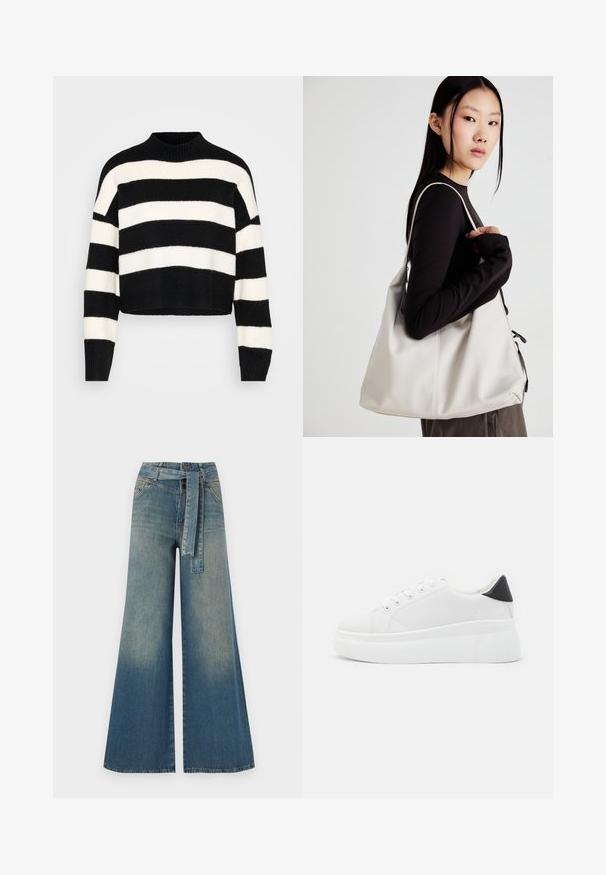 Juodai baltas horizontaliai juostuotas ilgos rankovės trumpas megztinis su giliu kailiniu apykakle ir rankogaliais, pristatytas šviesiame fone.; Platus džinsinis kelnes su šviesiai tamsiai mėlynu gradientu, aukštu juosmeniu, diržo kilpomis ir atitinkančiu audinio diržu. Textūruotas džinsinis paviršius.; Balti platforminiai sportbačiai, pagaminti iš lygios sintetinio audinio, su apvaliu pirštu, raištelių užsegimu ir tekstūruota guma padanga. Juodas kulno akcentas.; Bežinė rankinė, pagaminta iš minkštos medžiagos, turinti laisvą dizainą, siuvinėtas detalės ir dvi petnešos. Tinkama kasdieniam naudojimui.