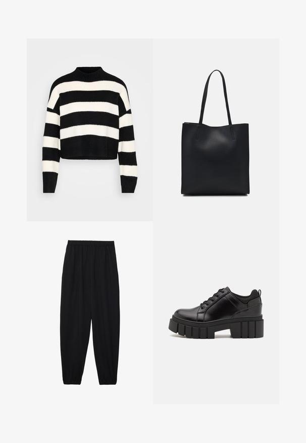 Svart og hvit horisontalt stripet langermet cropped genser med ribbet høy hals og mansjetter, vist på en lys bakgrunn.; Svarte, lette bukser med elastisk liv og rynkede ankler. Stoffet er glatt og har en avslappet, innsvingt design.; Svarte lærplattformsko med kraftig blokkhell, rund tå og tradisjonell snøring. Har en jevn tekstur og minimal detaljering.; Svart lær tote bag med glatt tekstur, rektangulær form og to lange håndtak. Ingen synlige deler eller dekorasjoner.