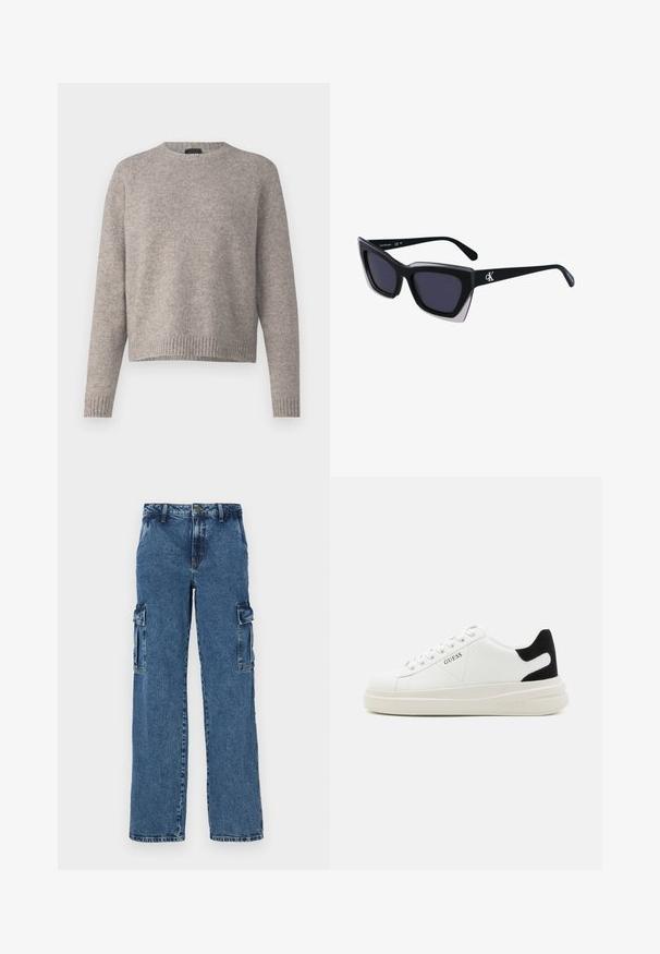 Helles graues Strickpullover mit Rundhalsausschnitt, langen Raglanärmeln und geripptem Saum. Weicher Stoff und lockere Passform.; Schwarzes T-Shirt mit kurzen Ärmeln, das ein glänzendes "Guess"-Logo in Schreibschrift und "Los Angeles" darunter zeigt, aus weichem Baumwollmaterial gefertigt.; Blaue Denim-Cargohosen mit lockerer Passform, ausgestattet mit zwei Seitentaschen, verstärkten Nähten und einem geraden Bein-Design.; Weiße Leder-Sneaker mit einer dicken weißen Sohle, schwarzem Wildlederakzent an der Ferse und geprägtem Logo an der Seite. Schnürdesign mit sechs Ösen.; Schwarze übergroße Sonnenbrille mit geometrischer Form, ausgestattet mit dunklen Gläsern und einem kontrastierenden grauen Detail im Rahmen. Logo am Bügel.