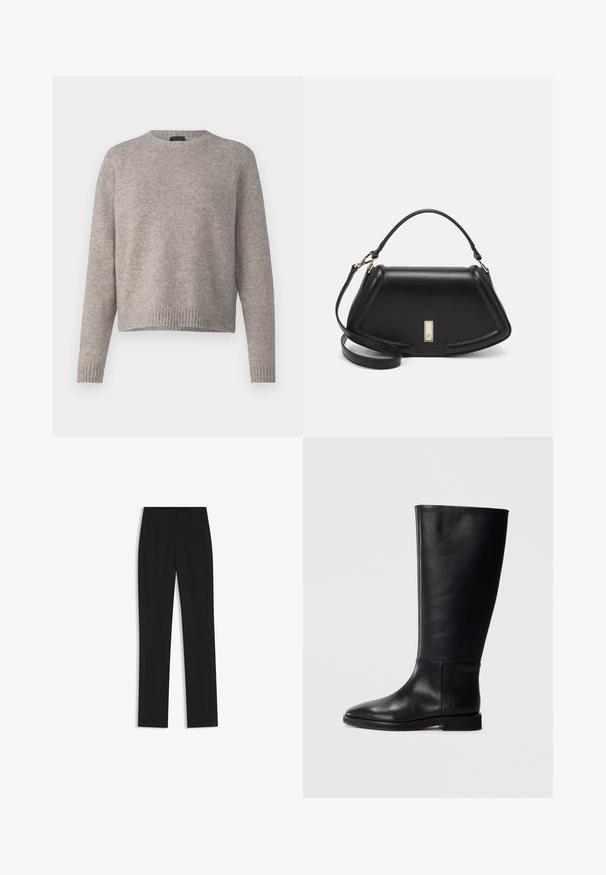 Ljust grått stickat tröja med rund halsringning, långa raglansärmar och ribbad nederkant. Mjuk textur och avslappnad passform.; Svarta skräddarsydda byxor med rak bendesign, som har framfickor och ett slätt, strukturerat tyg. Prydlig, minimal detaljer.; Svart läderknähöga stövlar med rund tå, slät textur, minimalistisk design och platt sula. Enkla sömdetaljer på skaftet.; Svart läderhandväska med en strukturerad design, som har en avskuren form, ett handtag upptill och guldiga detaljer. Justerbar axelrem ingår.