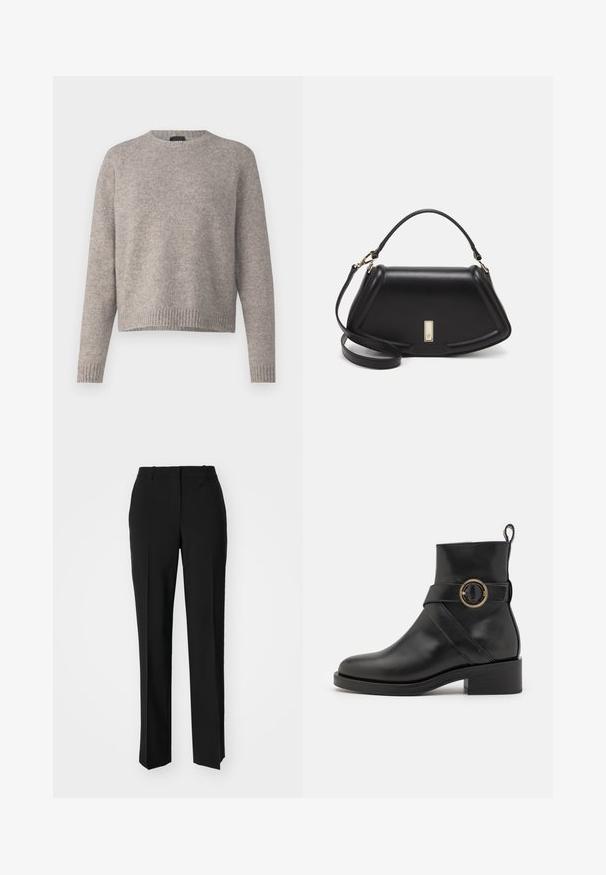 Helles graues Strickpullover mit Rundhalsausschnitt, langen Raglanärmeln und geripptem Saum. Weicher Stoff und lockere Passform.; Schwarze, taillierte Hose mit geradem Bein, aus einem glatten Stoff und mit klaren Falten an der Vorderseite. Keine sichtbare Hardware.; BOSS IRYNA BOOTIE - Plateaustiefelette - black; Schwarze Lederhandtasche mit einem strukturierten Design, das eine verkürzte Form, einen oberen Griff und goldfarbene Hardware-Details aufweist. Verstellbarer Schulterriemen ist enthalten.