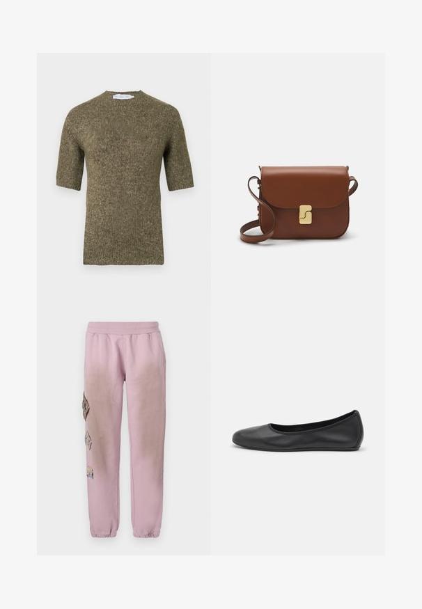 Īsām piedurknēm, olīvu zaļas krāsas adīts džemperis ar fakturētu rakstu un noapaļotu izgriezumu, piedurknēm un apakšmalai ir ribaina apdare.; Balta īsām piedurknēm T-krekls, izgatavots no ribota auduma. Apaļš izgriezums, regulāra piegriezuma un diskrēti šuvumu detaļas. Bez printiem vai grafikām.; Rozā sporta bikses ar elastīgu jostu, kurām labajā pusē ir dekoratīvi uzliktni dimanta formā un elastīgas apkakles pie potītēm.; Melna ādas baleta kurpe ar noapaļotu purngalu, gludu tekstūru, minimālu šuvju detalizāciju un elastīgu zoles dizainu.; Bordo ādas rokas soma ar atloku, zeltītām detaļām, plecu siksnu un gludu virsmu. Kompakta, taisnstūrveida forma.