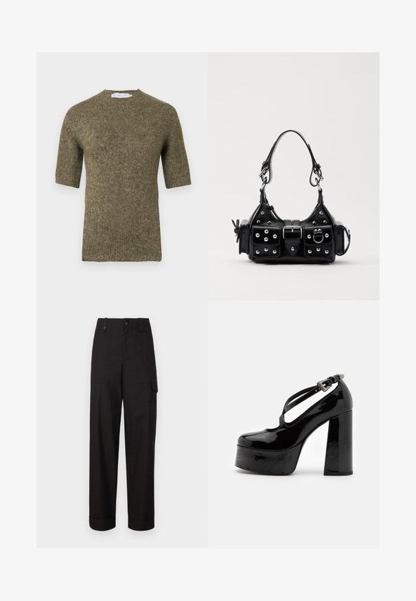 Sweter z krótkim rękawem w oliwkowym zielonym kolorze, wykonany z dzianiny o fakturowanym wzorze i zaokrąglonym dekoltem, z prążkowanymi wykończeniami na rękawach i na dole.; Czarne bawełniane spodnie cargo o prostym kroju, z dwiema bocznymi kieszeniami i podwiniętymi mankietami. Zapięcie na guzik i zamek błyskawiczny z przodu.; The Kooples CHAUSSURES czarny; Czarna skórzana torebka w zakrzywionym kształcie, z srebrnymi ćwiekami, klamrą i dwoma bocznymi kieszeniami. Regulowany pasek umożliwiający różne opcje noszenia.