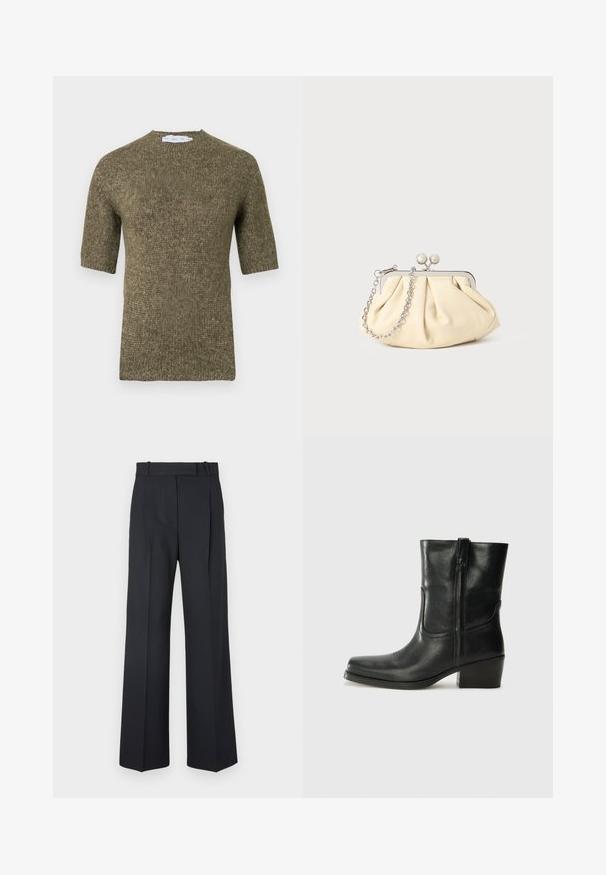 Krátký rukáv, olivově zelený pletený svetr s texturovaným vzorem a zaobleným výstřihem, s žebrovanými detaily na rukávech a lemu.; Tmavě modré kalhoty s pruhy, vysokým pasem, širokým nohavicemi a bez viditelného kování nebo ozdob. Hladká textura a přesně padnoucí střih.; Černá kožená kotníková bota s kulatou špičkou, blokovým podpatkem, bočním zipem a prošíváním na svršku. Hladký povrch, klasický design.; Plisovaná béžová kožená kabelka na psaní s rámem ze stříbrného kovu, vybavená dvěma kulatými dekorativními uzávěry a stříbrným řetízkem.