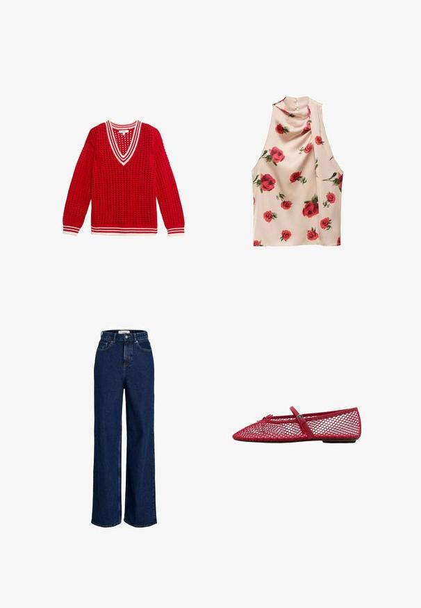 Roter Strickpullover mit V-Ausschnitt, offener Strickgestaltung, weißen Streifenakzenten am Ausschnitt und an den Bündchen sowie langen Ärmeln.; Ärmellose Bluse aus leichtem beigem Stoff mit einer weichen, fließenden Textur. Mit floralem Druck in roten Rosen und einem Knopfverschluss auf der Rückseite.; Hochgeschnittene, dunkelblaue Jeans aus Denim mit weitem Bein, Knopfverschluss vorne und fünf Taschen.; Rote Netz-Ballerinas mit spitzem Zehenbereich, ausgestattet mit einem dünnen Riemen und Schnallen-Detail. Das Obermaterial hat ein offenes Wabenmuster.