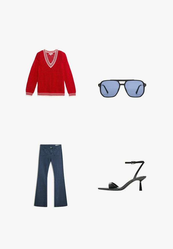 Roter Strickpullover mit V-Ausschnitt, offener Strickgestaltung, weißen Streifenakzenten am Ausschnitt und an den Bündchen sowie langen Ärmeln.; Dunkelblaue, ausgestellte Jeans aus Denim mit genähten Taschen, einem Knopfverschluss und einer glatten Textur. Mit einem klassischen Fünf-Taschen-Design.; Bershka High Heel Sandalette - black; Stradivarius RETRO - Sonnenbrille - light blue