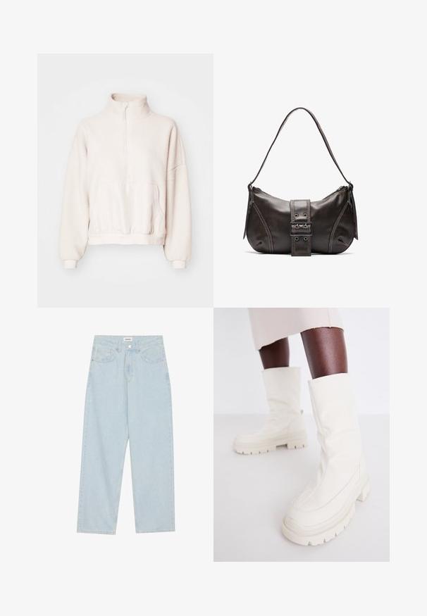 Helle beige Fleece-Pullover mit viertel Reißverschluss, hohem Kragen und einer Kängurutasche. Mit Bündchen an den Ärmeln und einem elastischen, taillierten Saum. Weicher Stoff.; Helle blaue weit geschnittene Jeans aus Denim, mit mittelhoher Taille, fünf Taschen und einem Knopfverschluss mit einem schlanken Metallelement.; Weiße Knöchelstiefel mit einer weichen, strukturierten Oberfläche, ausgestattet mit einer klobigen Gummisohle und einer skulpturalen Form für ein modernes Design.; Braune Lederumhängetasche mit gebogener Form, die mit einem auffälligen Schnallendetail, kontrastierenden Nähten und einem einzigen Schulterriemen ausgestattet ist.