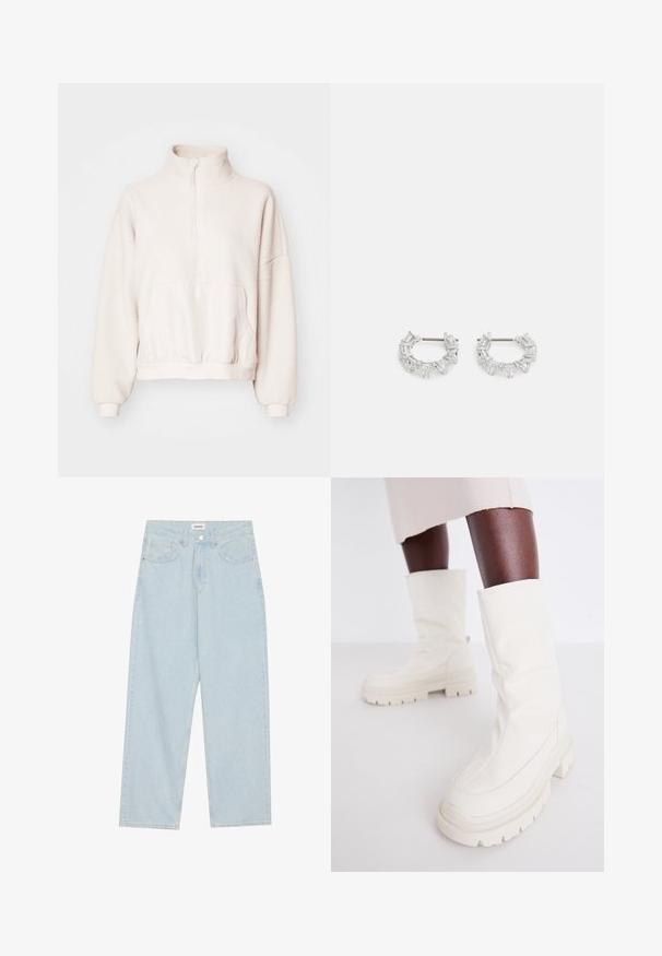 Helebeež pullover fliisist, millel on veerandviske tõmblukk, kõrge krae ja tasku. Tõmblukuga varrukad ja sobiv elastne äär. Pehme tekstuur.; Heledad helesinine laiemate säärega teksapüksid, mis on valmistatud denimist, sisaldavad keskelt kõrge vöökoha, viit taskut ning nööbiga kinnitamist õhuke metallaccent.; Valged pahkluu saapad pehme ja tekstuuriga viimistlusega, millel on tüse kummist konts ja skulpturaalne kuju modernseks disainiks.; Hõbedased rõngaskõrvarõngad, millel on kätkestatud ja kolmnurksed selged kristallid, paigutatud ringikujulisse mustrisse, kus keskpunktis on kinnitust post.