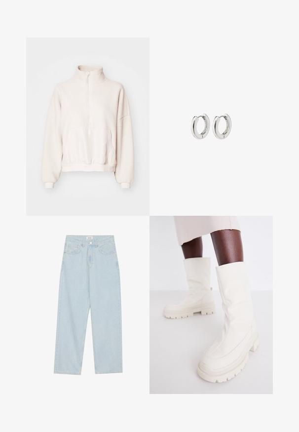 Lichtbeige fleece pullovershirt met een kwart-rits, hoge kraag en een zak aan de voorkant. Mouwen met manchetten en een aansluitende elastische zoom. Zachte structuur.; Lichtblauwe wijde spijkerbroek van denim, met een middellange taille, vijf zakken en een knoopsluiting met een slanke metalen accent.; Witte enkelboots met een zachte, gestructureerde afwerking, voorzien van een robuuste rubberen zool en een sculpturale vorm voor een modern ontwerp.; Zilveren creolen met een gepolijste afwerking, uitgerust met een cirkelontwerp en naadloze scharnieren, die een gladde textuur tentoonstellen.