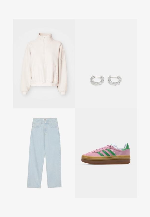 Light beige fleece pullover with a quarter-zip, high collar, and a pouch pocket. Cuffed sleeves and a fitted elastic hem. Soft texture.; Light blue wide-leg jeans made of denim, featuring a mid-rise waist, five pockets, and a button closure with a slim metal accent.; Pink suede sneakers with green stripes, white accents, and a brown rubber sole. Features textured fabric and logo detailing on the side.; Silver hoop earrings featuring clear, rectangular and triangular crystals arranged in a patterned design. Posts for secure fastening.