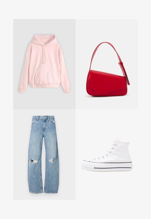 Sweatshirt de cor rosa claro com um grande bolso frontal, capuz com cordão e punhos canelados. Feito de um material macio e confortável com uma marcação mínima.; Jeans de lavagem clara, de cintura alta, feitos de denim. Apresentam pernas largas, duas áreas rasgadas nos joelhos e o estilo clássico de cinco bolsos.; Sapatilha alta de tela branca com sola de borracha preta, bico de borracha na frente e seis ilhós para os atacadores, apresentando um design limpo e minimalista.; Bolsa de mão em couro vermelho com um design angular e geométrico. Apresenta uma única alça ajustável e um fecho com aba, com detalhes cosidos.