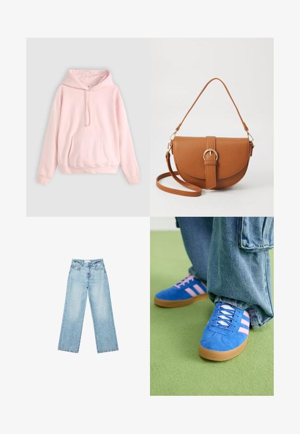 Svijetlo ružičasta dukserica s velikim prednjim džepom, kapuljačom s vezicom i rebrastim manžetama. Izrađena od mekane, udobne tkanine s minimalnim brendiranjem.; Svijetloplave široke traperice s visokim strukom, s izbljeđenim pranjem i malim, raštrkanim oštećenjima na cijeloj površini.; Plave zamšne cipele s ružičastim prugama i bijelim vezicama, s gumenim potplatom, u kombinaciji s širokim trapericama na zelenoj podlozi.; Smeđa kožna torba preko tijela s zakrivljenim oblikom, zlatnim metalnim detaljima i naglaskom na kopču. Ima odvojivu naramenicu.