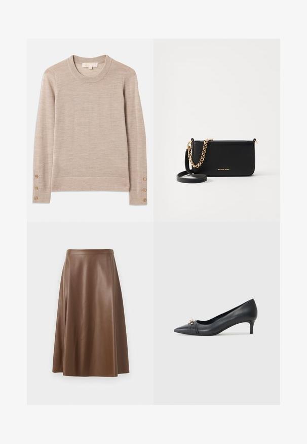 Pull à col rond beige en tricot doux, avec des manches longues et quatre boutons décoratifs sur chaque poignet. Design minimaliste avec une finition texturée.; Jupe A-line en cuir marron avec une texture lisse et un ourlet mi-long. Présente une taille ajustée et une légère évasement depuis les hanches.; Escarpin noir en cuir à bout pointu avec un petit talon, doté d'une sangle texturée et d'un accent métallique à l'avant. Surface lisse et design épuré.; Pochette en cuir noir avec un accent en chaîne dorée, texture lisse et détails en logo doré. Inclut une bandoulière ajustable pour plus de polyvalence.; Boucles d'oreilles en or avec une finition polie, présentant un design circulaire épais et un mécanisme de fermeture sécurisé. Texture lisse et apparence brillante.