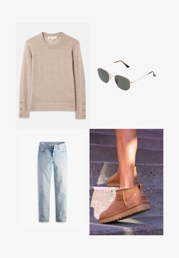 Krémový svetr s kulatým výstřihem vyrobený z měkkého pleteného materiálu, s dlouhými rukávy a čtyřmi knoflíkovými akcenty na každém manžetě. Minimalistický design s texturovaným povrchem.; Světle modré denimové džíny s rovnými nohavicemi, dvě přední kapsy a dvě zadní kapsy. Obsahují dvouknoflíkový zip a jemné prošívání.; Světlé semišové kotníkové boty s měkkou strukturou, prošívanými detaily a gumovou podrážkou, s okrouhlým podpatkem pro snadné obouvání.; Sluneční brýle s kovovým zlatým rámem a tmavě zelenými skly, styl aviatorek, s úzkými obroučkami a želvovinovými akcenty na špičkách.; Lauren Ralph Lauren PEBBLED LEATHER SMALL TANNER SATCHEL - Kabelka - camel