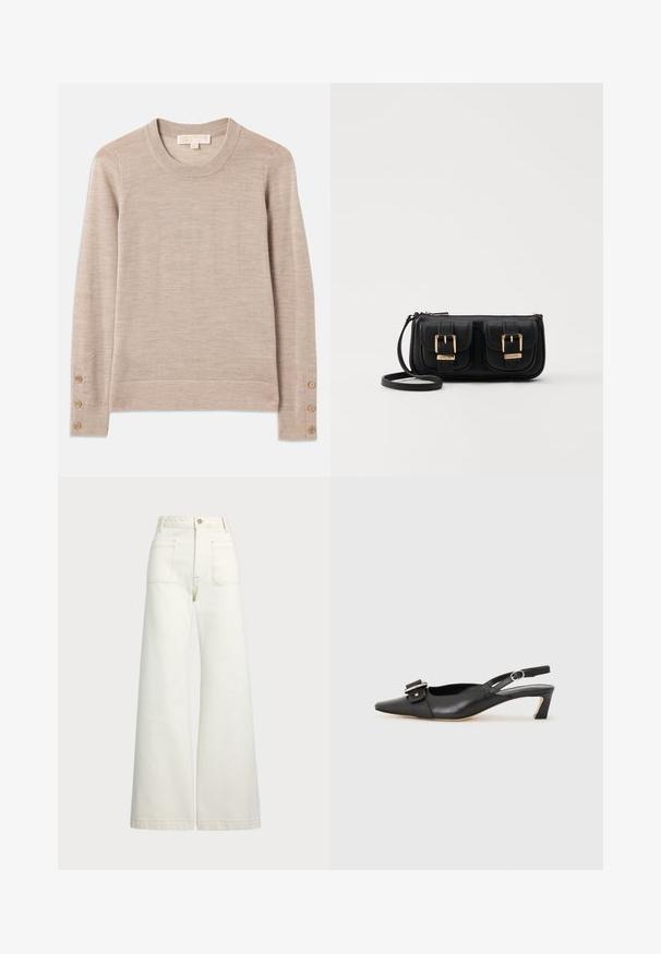 Beige rundhalsad tröja i mjukt stickat material, med långa ärmar och fyra knappar på varje manschett. Minimalistisk design med strukturerad yta.; Vida jeans i off-white denim. Hög midja med knappstängning, två framfickor och kontrastsömnadsdetaljer.; Svart lädersko med slingback, spetsig tå, liten klack och dekorativ spänndetalj på ovansidan. Slät struktur, minimalistisk design.; Svart läderaxelväska med två framfickor, guldspännen, dragkedjestängning och en smal rem. Texturerad yta och kompakt rektangulär form.